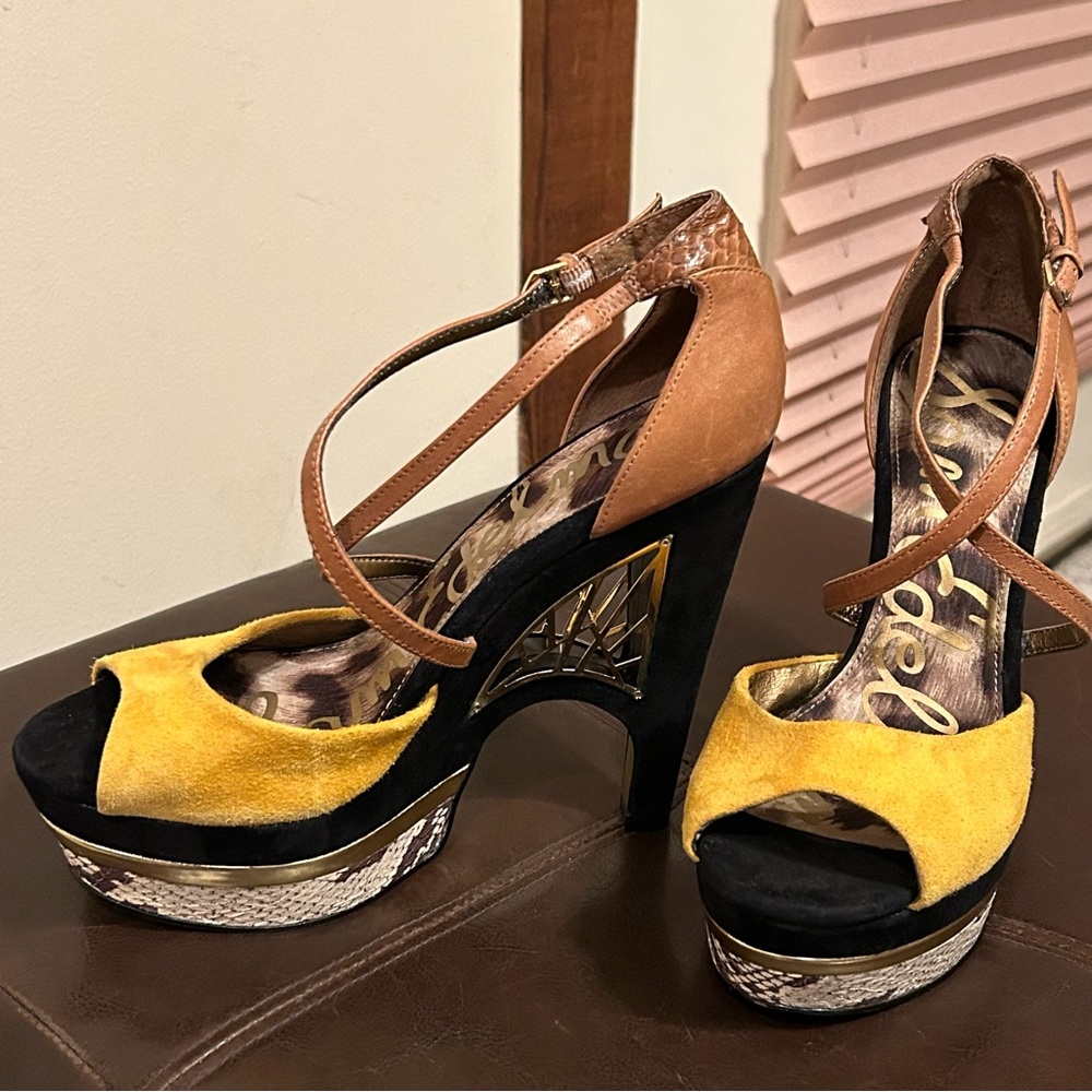 Sam Edelman Gold and Black Suede with Snakeskin Platform Heels Size 7M - Picture 5 of 11